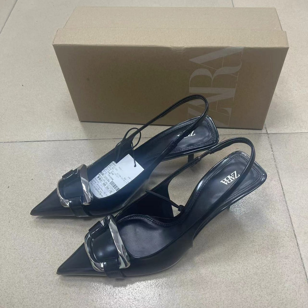 Za2024 summer new square buckle decorated stiletto sandals - black pointed toe back strap casual everyday sandals