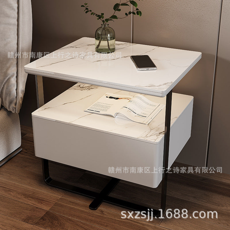 Smart white bedside table - minimalist bedroom nightstand with rock slab texture, tempered glass, solid wood, wireless charging, and storage