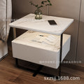 Smart white bedside table - minimalist bedroom nightstand with rock slab texture, tempered glass, solid wood, wireless charging, and storage