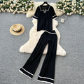 Korean style retro fashion color block turn-down collar short sleeve knit top + high waist casual wide leg pants  summer set