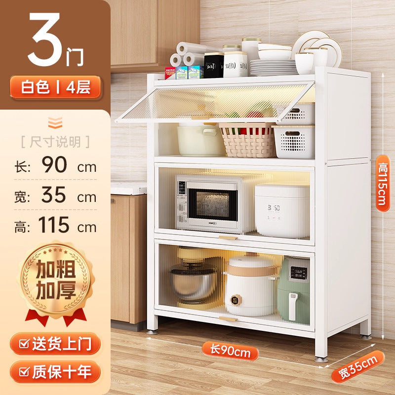Multifunctional kitchen storage rack with cabinet doors, floor-standing, multi-tier, dustproof storage cabinet for microwave, pots, pans, and bowls