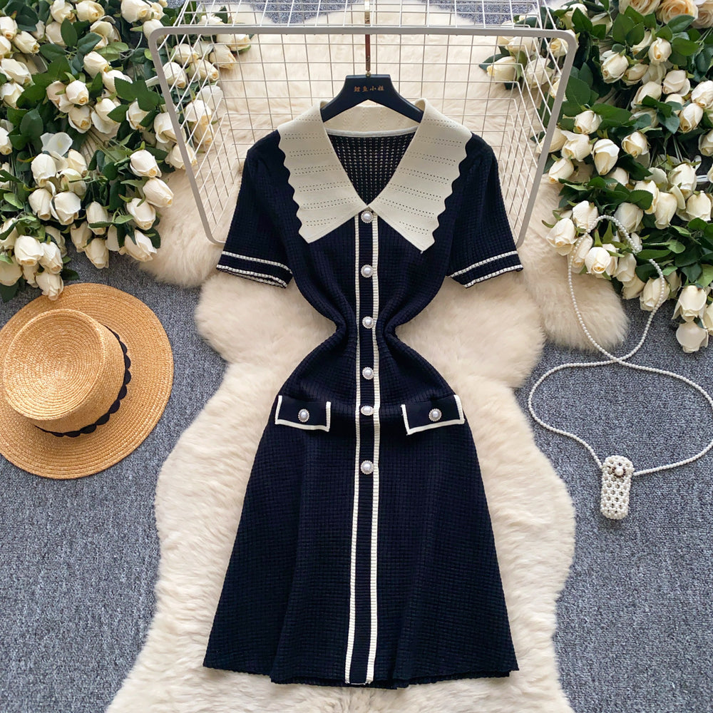 Frenchretrofashionablecontrast colorpolo collar short-sleeved dress women's summer metal buckle waist slimming lookknitting skirt
