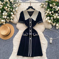 Frenchretrofashionablecontrast colorpolo collar short-sleeved dress women's summer metal buckle waist slimming lookknitting skirt