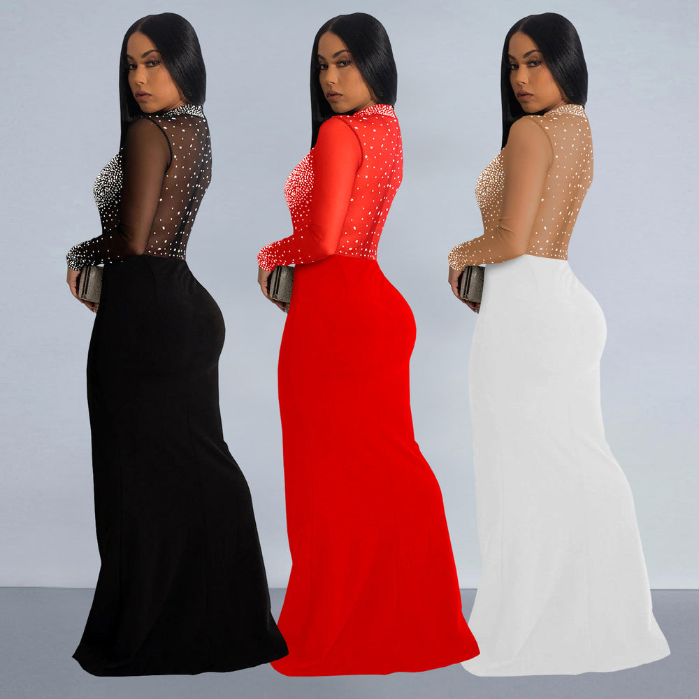 C7330 cross-border   fashion women's sexy see-through mesh rhinestone slit dress