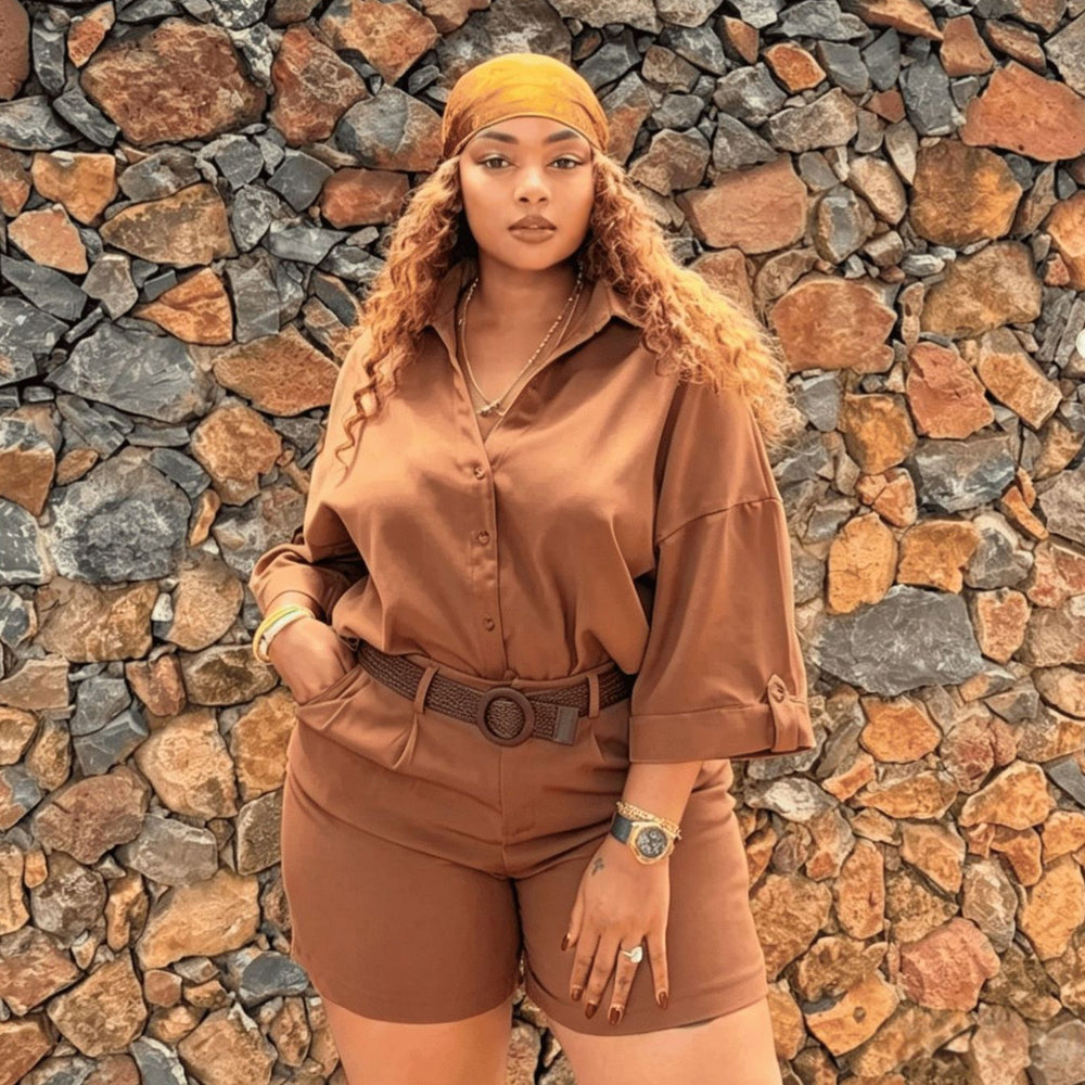 african women's clothing  summer new collection: casual solid color loose plus size blouse and high-waisted shorts fashion set
