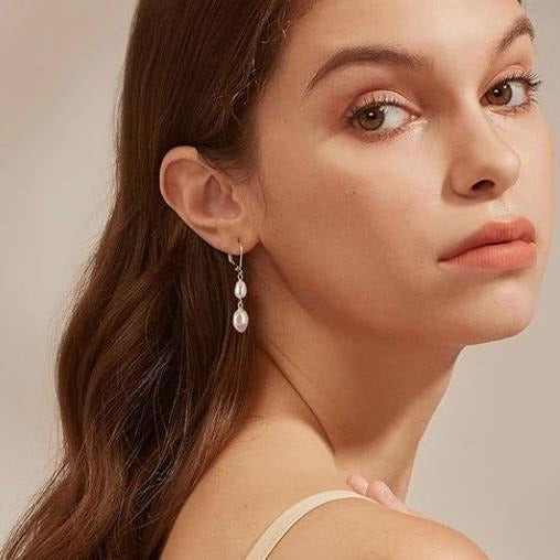 Korean style fashionable light luxury pearl earrings for women, 14k real gold tassel teardrop stud earrings, geometric design dangle earrings