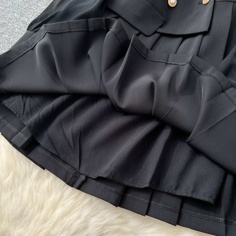 Black suit collar dress for women, 2024 autumn collection, high-end double-breasted design, cinched waist, long sleeves, pleated little black dress, mini skirt