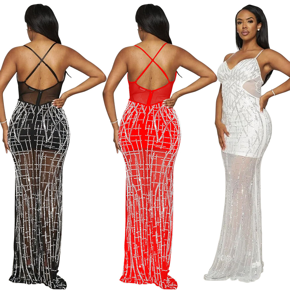 C6689 cross-border   fashion women's solid color mesh rhinestone camisole maxi dress