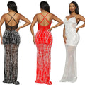 C6689 cross-border   fashion women's solid color mesh rhinestone camisole maxi dress