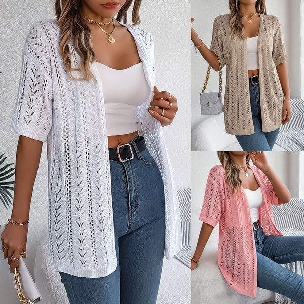 ins wind real shot 2025 summer hollow short-sleeved knitted cardigan vacation sunscreen shirt,   women's clothing