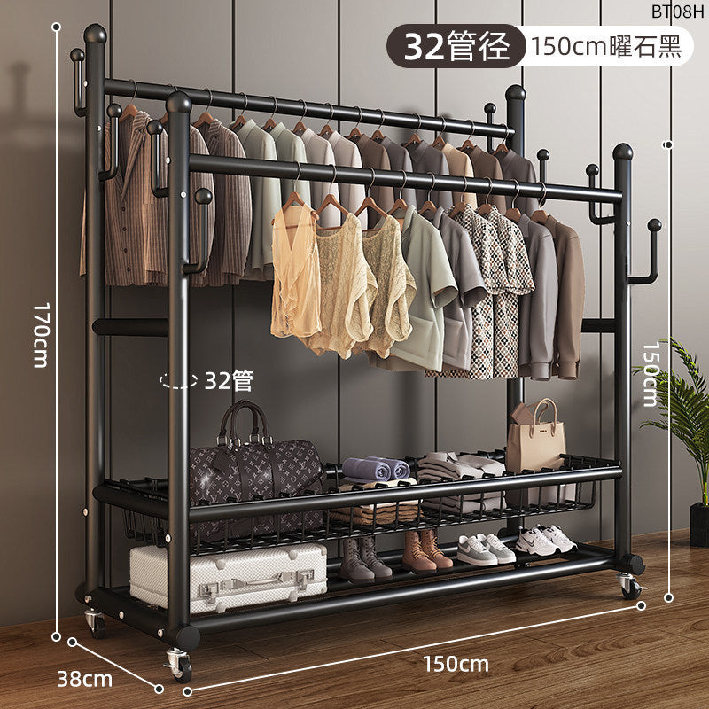 Clothes rack floor-standing bedroom for home double-pole clothes drying rack movable clothes rack indoor clothes storage coat rack