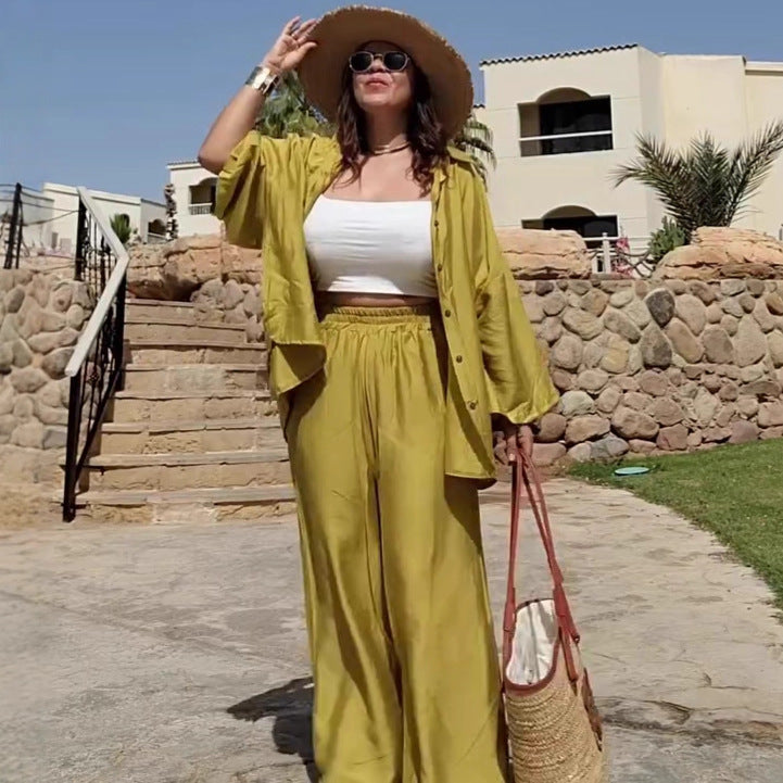 Cross-border European and American large-size casual cardigan shirt high waist wide-leg trousers women's  new fashion women's clothing two-piece set