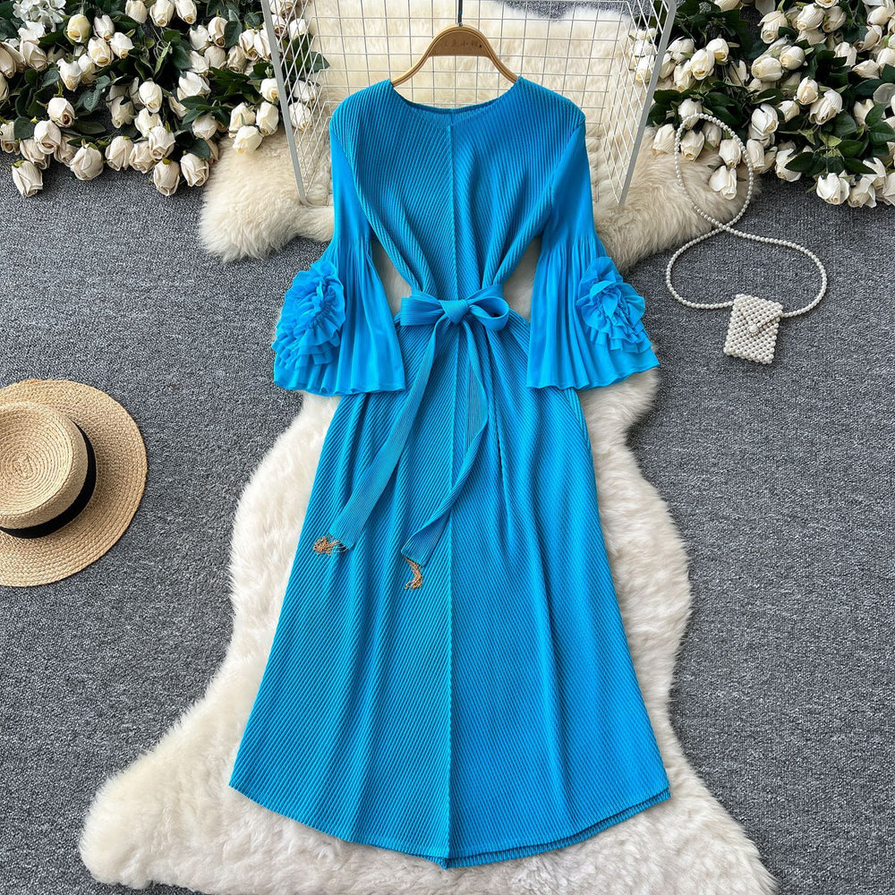 Miya fashion pleated dress female fashionable style strap waist stereo flower bell sleeve pleated long skirt