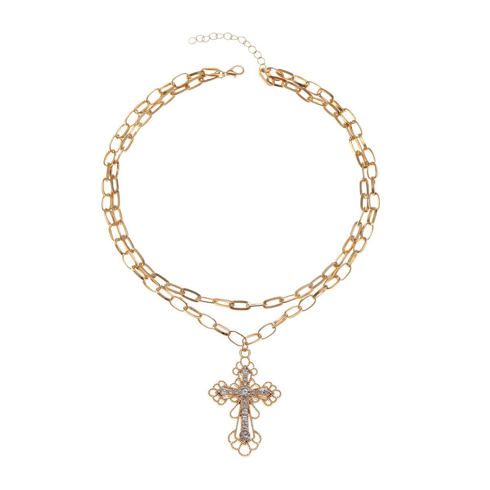 Cross necklace wholesale cross-border hollow diamond pendant jewelry accessible luxury niche high-end retro stacked necklace