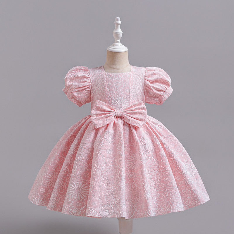 Girls' formal dress - puff sleeve, court style, short princess dress with bow - perfect for little hosts and young children