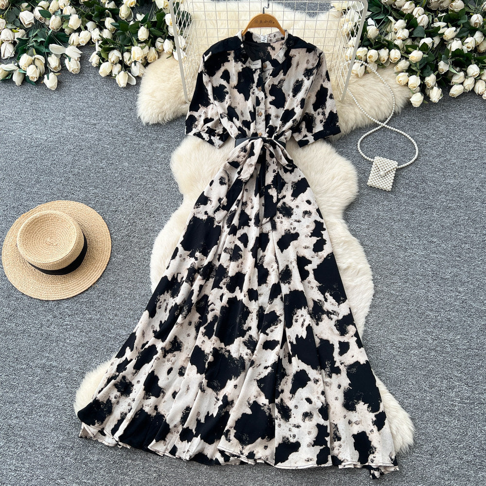 Vintage print a-line dress - women's summer short sleeve, slim fit, elegant long dress