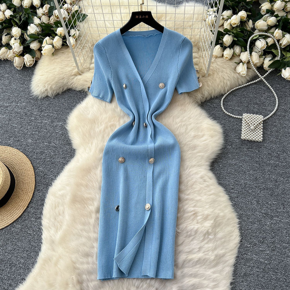 Elegant chanel-inspired v-neck short-sleeve double-breasted bodycon knit dress - women's summer slim-fit midi dress