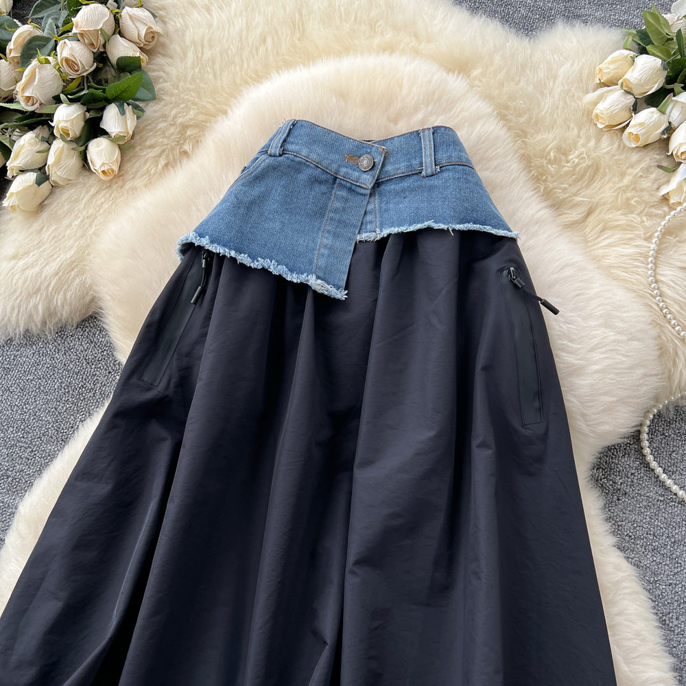 Literaryeasiest for match denim patchwork skirt for women autum lazy style casualeasiest for matchhigh waist large swing mid-length skirt