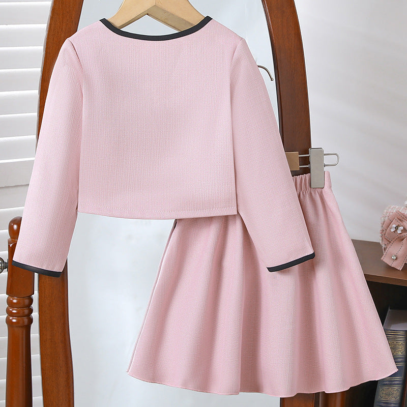autumn/winter girls' chanel-inspired outfit: pink and white bow-trimmed round neck jacket and mini skirt two-piece set