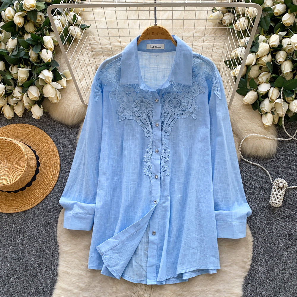 French chic embroidered cutout breathable shirt - women's long sleeve loose fit versatile commute cardigan - blue top