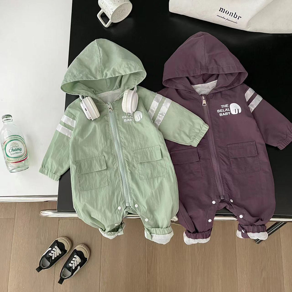 Baby boy's autumn casual sports long-sleeve romper, infant korean style hooded outfit, stylish new bodysuit