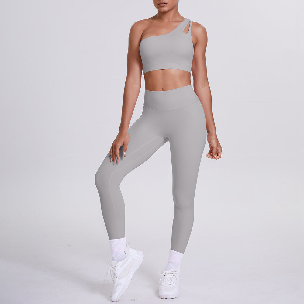 fashion double-sided nylon brushed single-shoulder yoga suit sports running fitness pants two-piece set for women