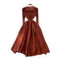 Miya european and american dress women's  autumn fashion beaded round neck long sleeve waist slimmingelegant pleated long skirt