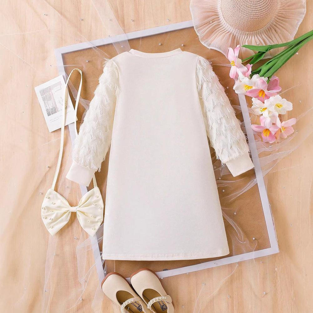 Hot-selling new princess dress for 's international market: solid color, round neck, beaded puff sleeve dress with bow
