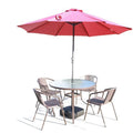 Outdoor table and chair set with umbrella, sunshade, perfect for outdoor cafes, bubble tea shops, and casual outdoor seating. features a wrought iron frame and rattan chairs, ideal for patios and gardens