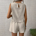Exportfashion loose work clothingsuit breathable linen sleeveless short tops drawstring high waist wide leg shorts two pieces
