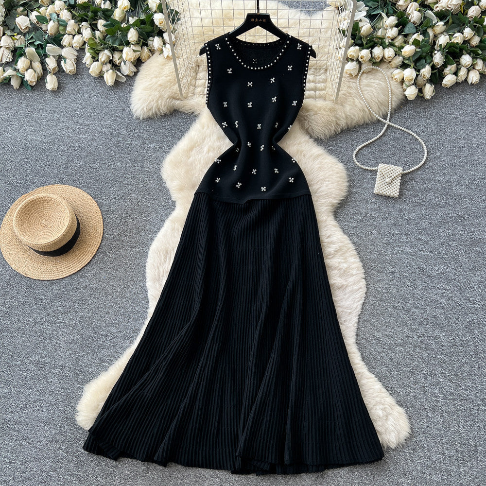 French chic sleeveless beaded knit dress - women's summer high-waisted a-line dress - slimming, elegant, and versatile workwear maxi dress