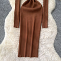 Elegant and chic metallic buckle collar long sleeve dress - women's slim-fit knit maxi dress for autumn