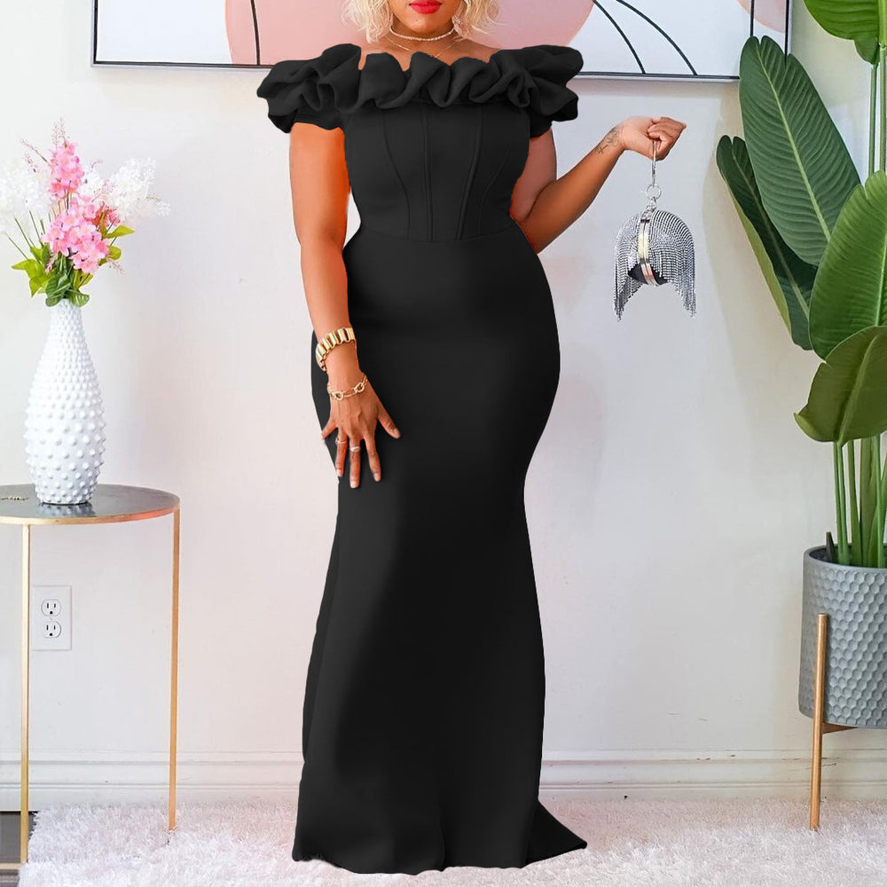D3192 european and american cross-border women's fashion  new solid color mermaid dress with ruffle trim, slim-fit evening gown, african maxi dress
