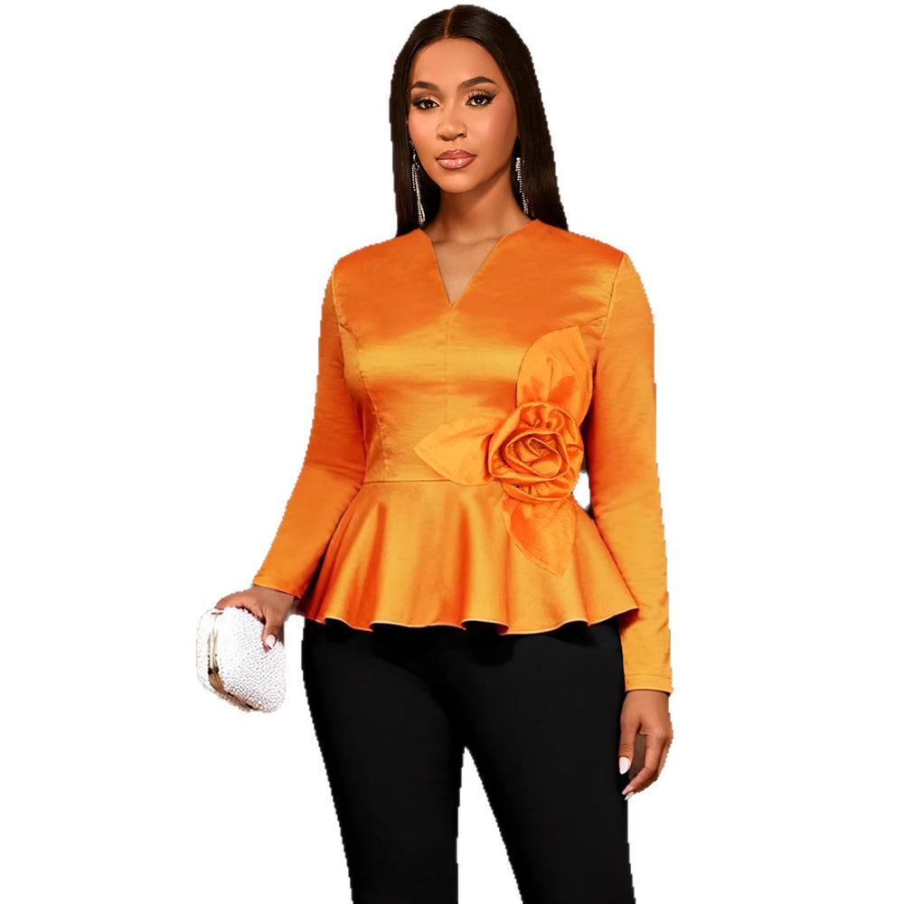 Amazon's new stereo flower long sleevestops waist rufflesv neckwork clothing banquet elegantslimming lookshirt