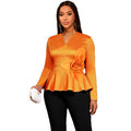 Amazon's new stereo flower long sleevestops waist rufflesv neckwork clothing banquet elegantslimming lookshirt