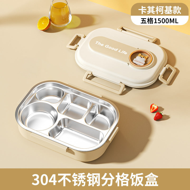 Korean primary school student lunch box 304 stainless steel children's grid lunch box, student lunch water filling and thermal insulation bento plate