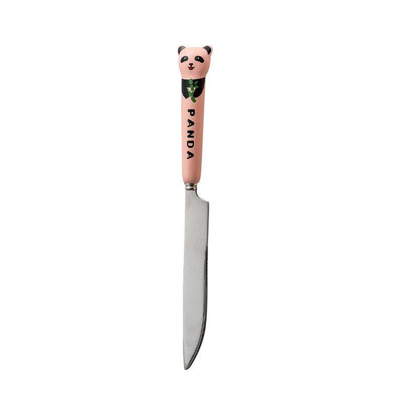 Cartoon stainless steel cutlery set: cute kids' forks with stylish ceramic handles, exquisite dessert spoons, and serving spoons