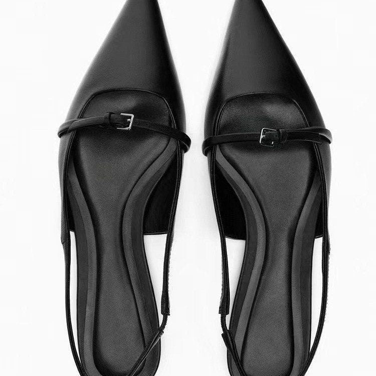 Summer new korean style women's black pointed-toe peep-toe ankle strap open-back french minimalist casual sandals, size 42