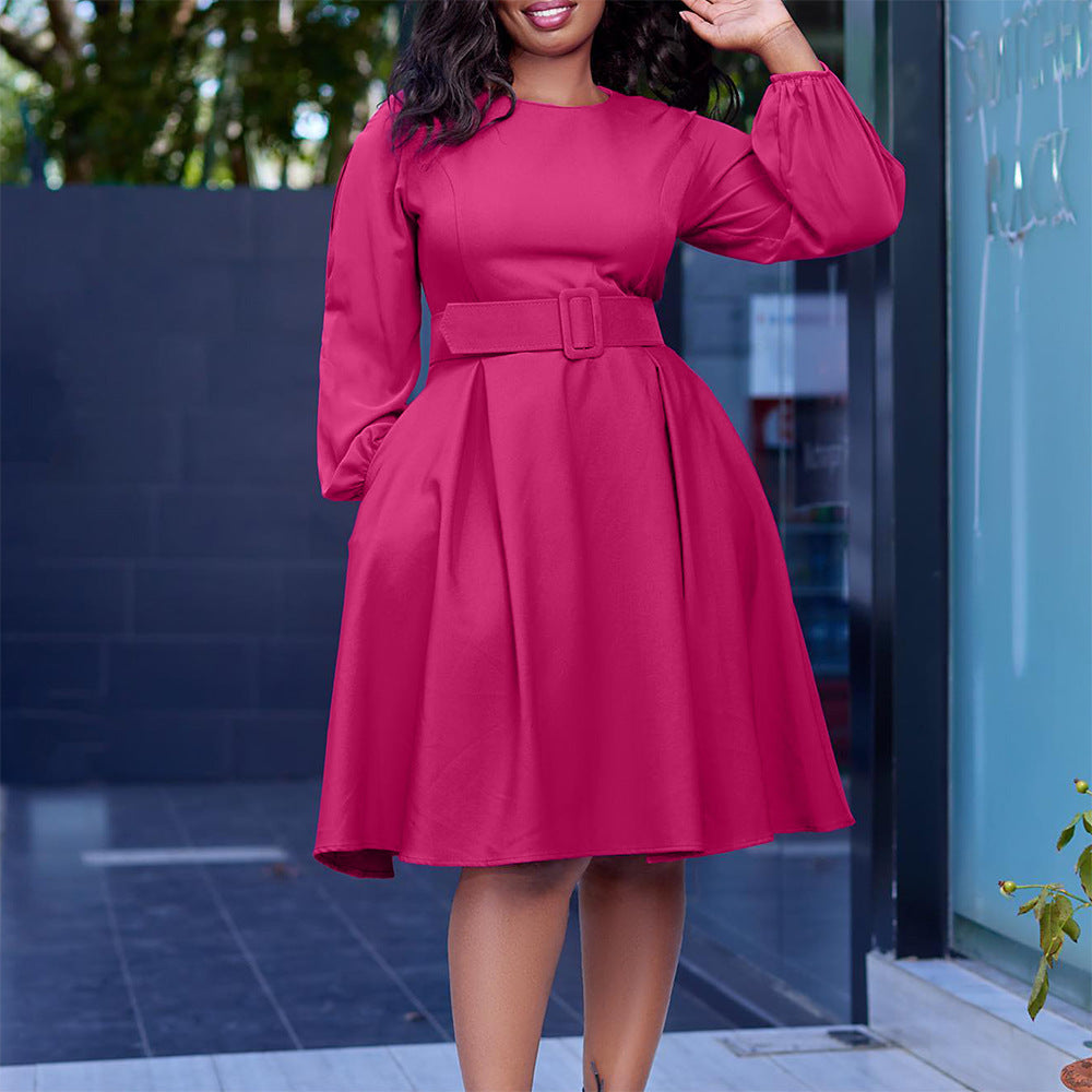 D418 belted african women's dress,  autumn/winter new arrival, long sleeve elegant round neck swing dress, european and american style