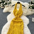 French chic v-neck halter lace dress - women's summer sexy slim-fit open back mermaid maxi dress