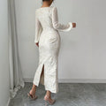 european and american new arrival: off-white embossed lace square neck maxi dress with rhinestone-embellished lantern sleeves, slim fit bodycon midi dress