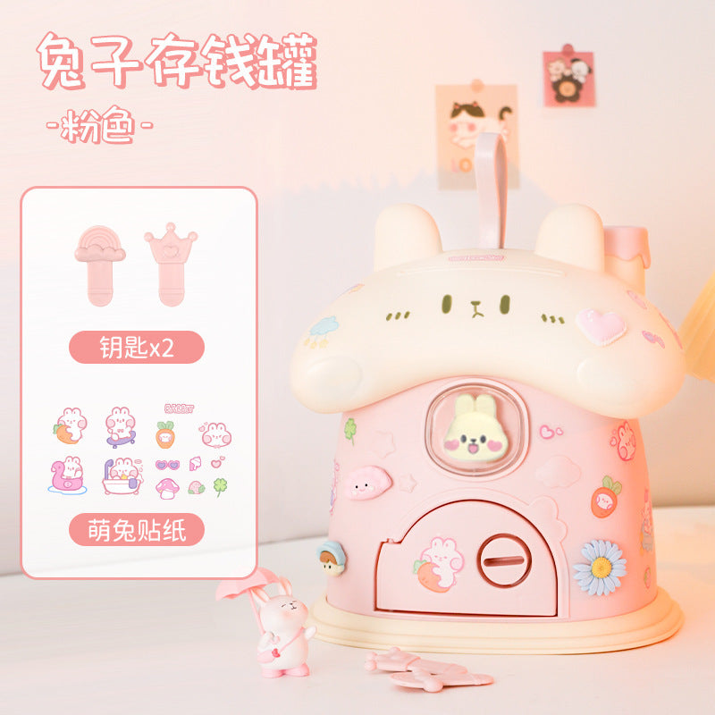 Trendy cartoon rabbit piggy bank - cute kids' creative house design, large capacity, easy access