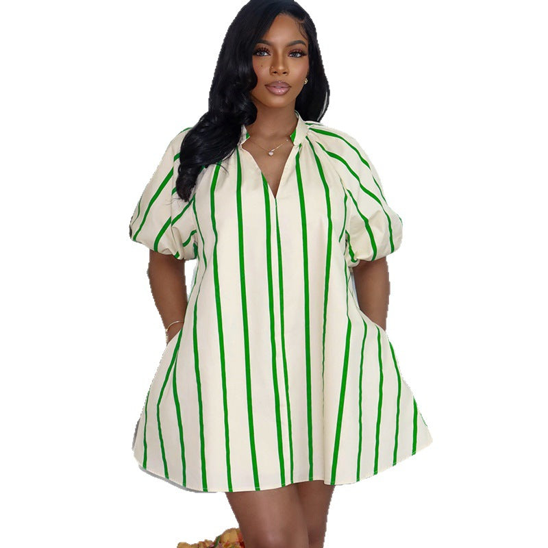 European and american cross-border women's fashion:  spring new arrival - chic v-neck, puff sleeve, striped, loose-fit mini dress