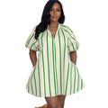 European and american cross-border women's fashion:  spring new arrival - chic v-neck, puff sleeve, striped, loose-fit mini dress