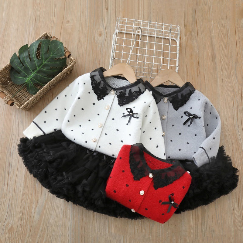 fall and winternew arrivalsweatercardigantwo-piece setbaby girl tweed stylesweet skirtgirlknittingsuit