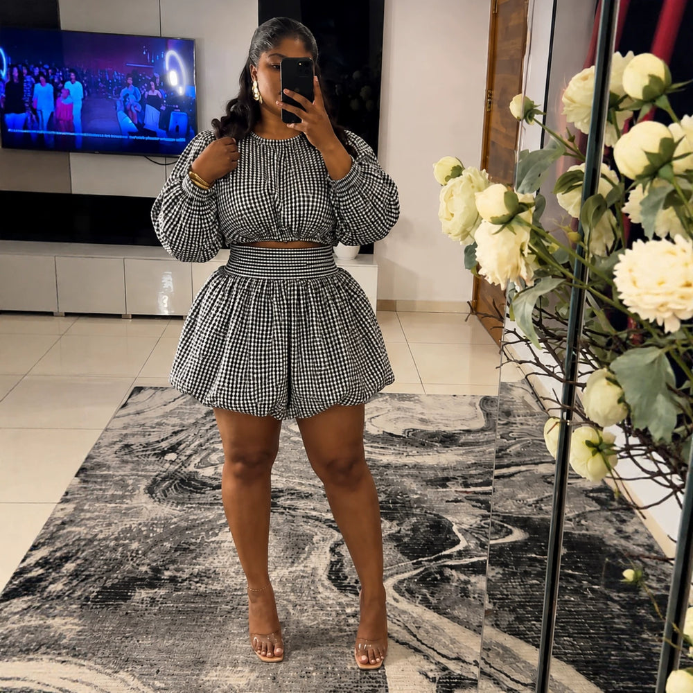 European and american women's clothing  autumn new collection: sweet and fresh round neck lantern sleeve cropped shirt and high-waisted skirt pant two-piece set