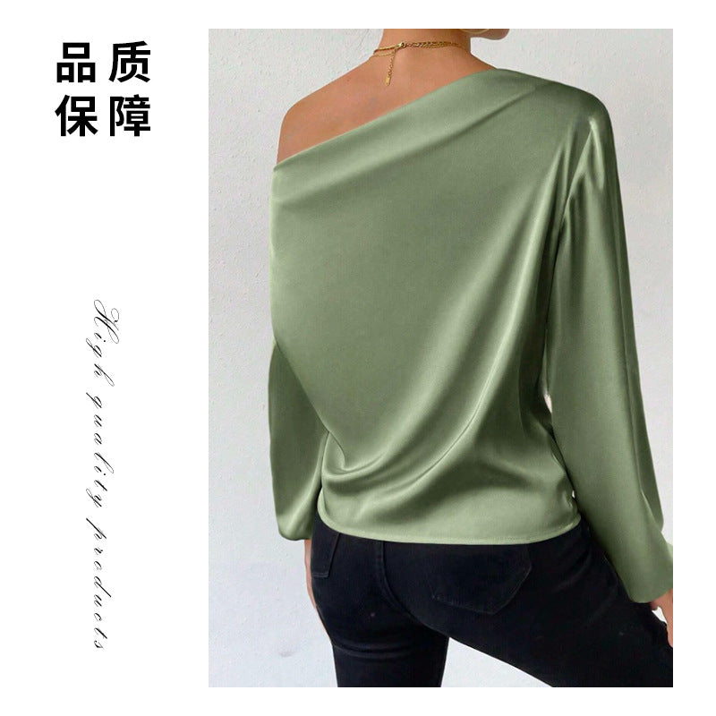 Asymmetrical long sleeve blouse - women's off-the-shoulder pullover top -  cross-border fashion - solid color satin long sleeve shirt
