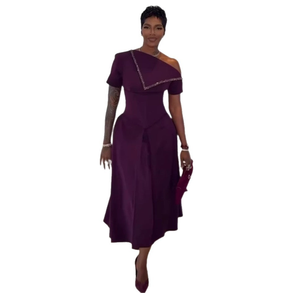 European and american cross-border women's fashion:  summer new arrival - elegant one-shoulder midi dress with cinched waist and short sleeves