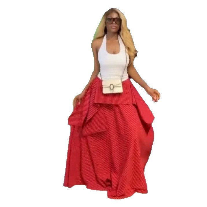 European and american cross-border women's fashion:  summer new arrivals - high-waisted, slimming, striped, asymmetrical a-line maxi skirt