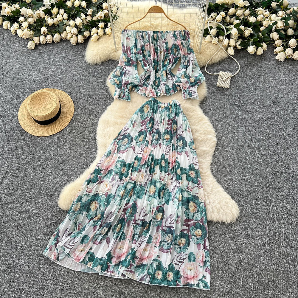 French style women's autumn outfit set: chic off-the-shoulder lantern sleeve floral top with high-waisted pleated midi skirt
